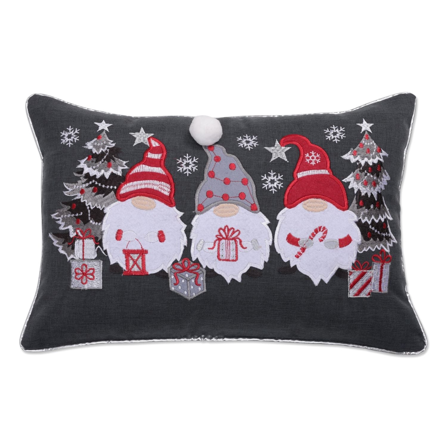 Three Christmas Gnomes Gray Lumbar Throw Pillow
