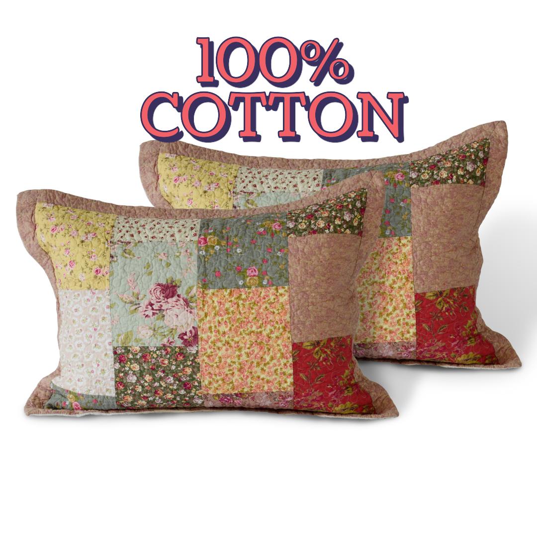 2pcs Red Hand Stitch Finished Cotton Pillow Sham Set - Luxuries Floral Pattern - All Season Shabby Chic Country Bedding for Home, Cabin, RV, Guestroom and Bedroom