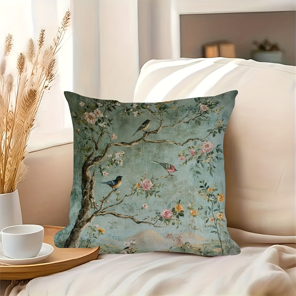 1 Double-Sided Vintage Chinese Floral and Bird Print Pillowcase, 18x18 Inches, Soft Plush Polyester, Night Garden Design with Roses on Branches and Birds, Suitable for Sofa, Couch, Bedroom or Car, Decorative Cushion Cover 2pcs 18*18 Inch