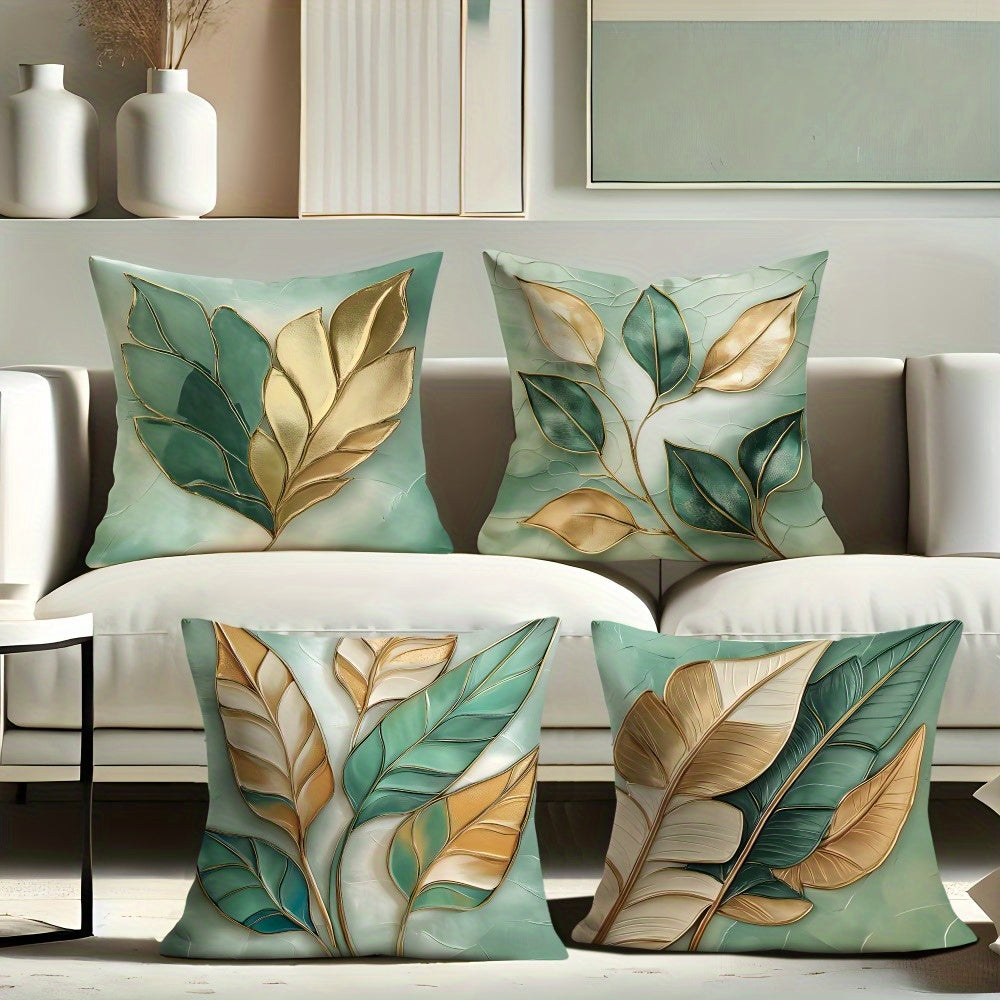 4pcs Modern Sage Green & Golden Leaf Print Pillow Covers - Double-Sided Polyester Zipper Closure Decorative Pillowcases for Living Room, Bedroom, Sofa - Machine Washable Contemporary Home Decor, Pillow Covers for Living Room, Bedroom Accents, Stylish
