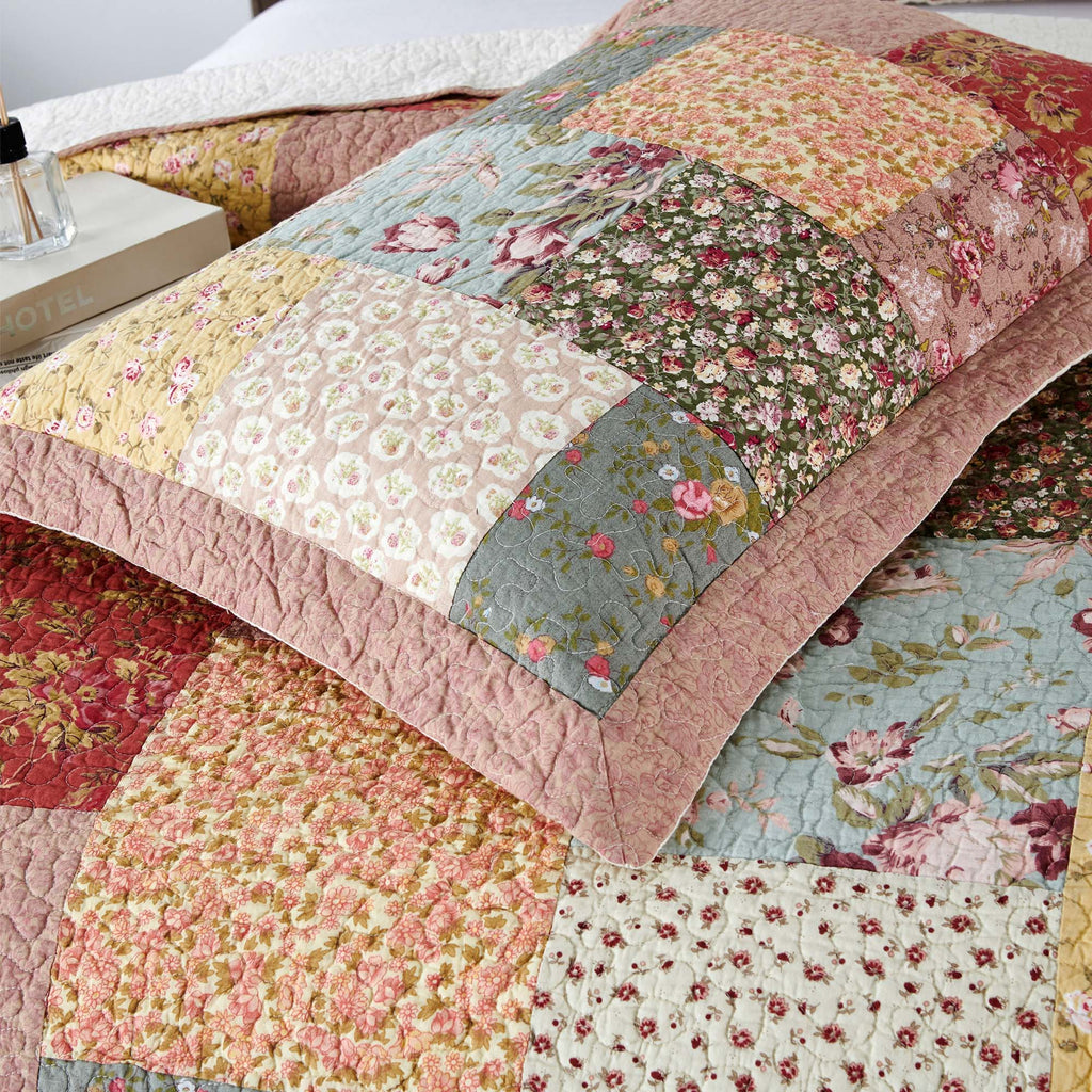 2pcs Red Hand Stitch Finished Cotton Pillow Sham Set - Luxuries Floral Pattern - All Season Shabby Chic Country Bedding for Home, Cabin, RV, Guestroom and Bedroom