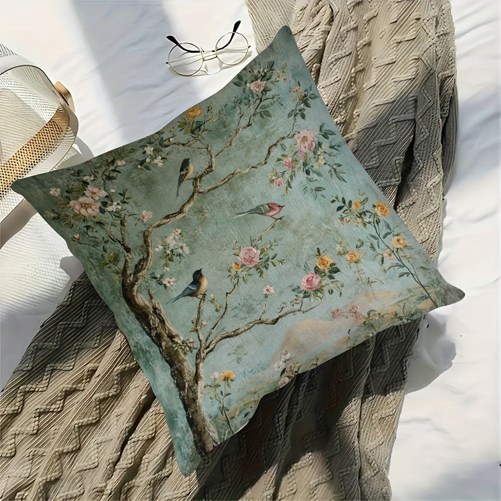 1 Double-Sided Vintage Chinese Floral and Bird Print Pillowcase, 18x18 Inches, Soft Plush Polyester, Night Garden Design with Roses on Branches and Birds, Suitable for Sofa, Couch, Bedroom or Car, Decorative Cushion Cover 2pcs 18*18 Inch