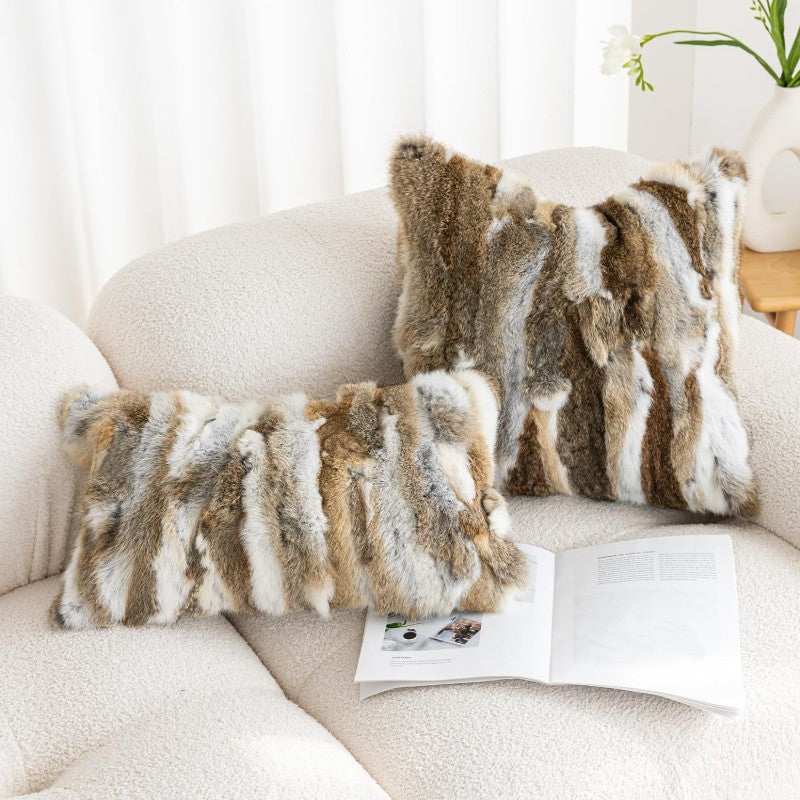 Genuine Rabbit Fur Throw Pillow Covers Set of 2 Luxury Decorative Pillowcases Soft Fluffy Animal Skin Accents Bolster Cushion Cover for Couch Sofa Bedroom Living Room Home 12x20inch Yellow White