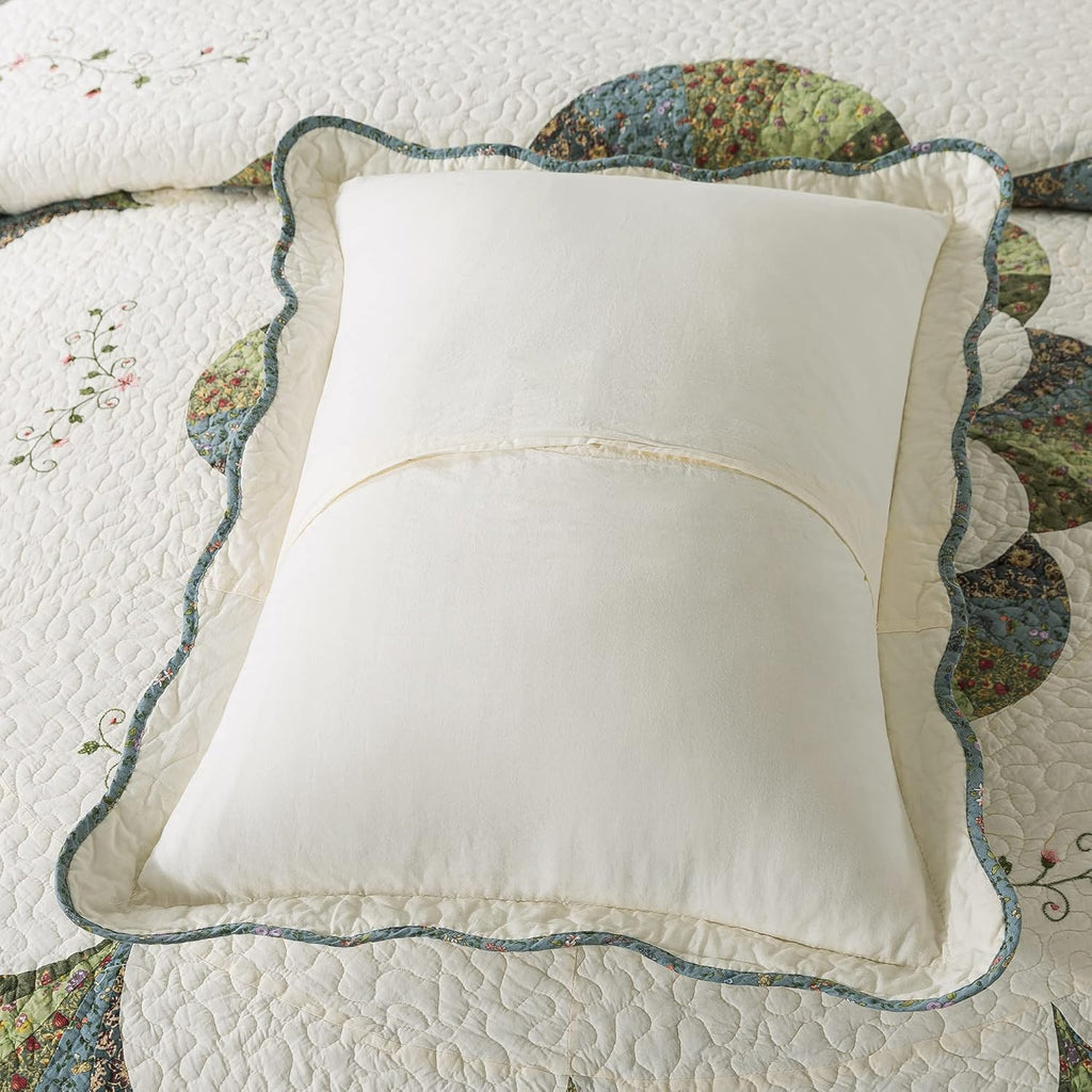 Set of 2 Hand Stitch Finished Cotton Pillow Shams - Luxuries Floral Pattern - Shabby Chic Country Cabin Bedding for All Seasons Ivory and Green for All Seasons for Home Bedroom, Guestroom, RV, Camper, Cabin, and College Dorms
