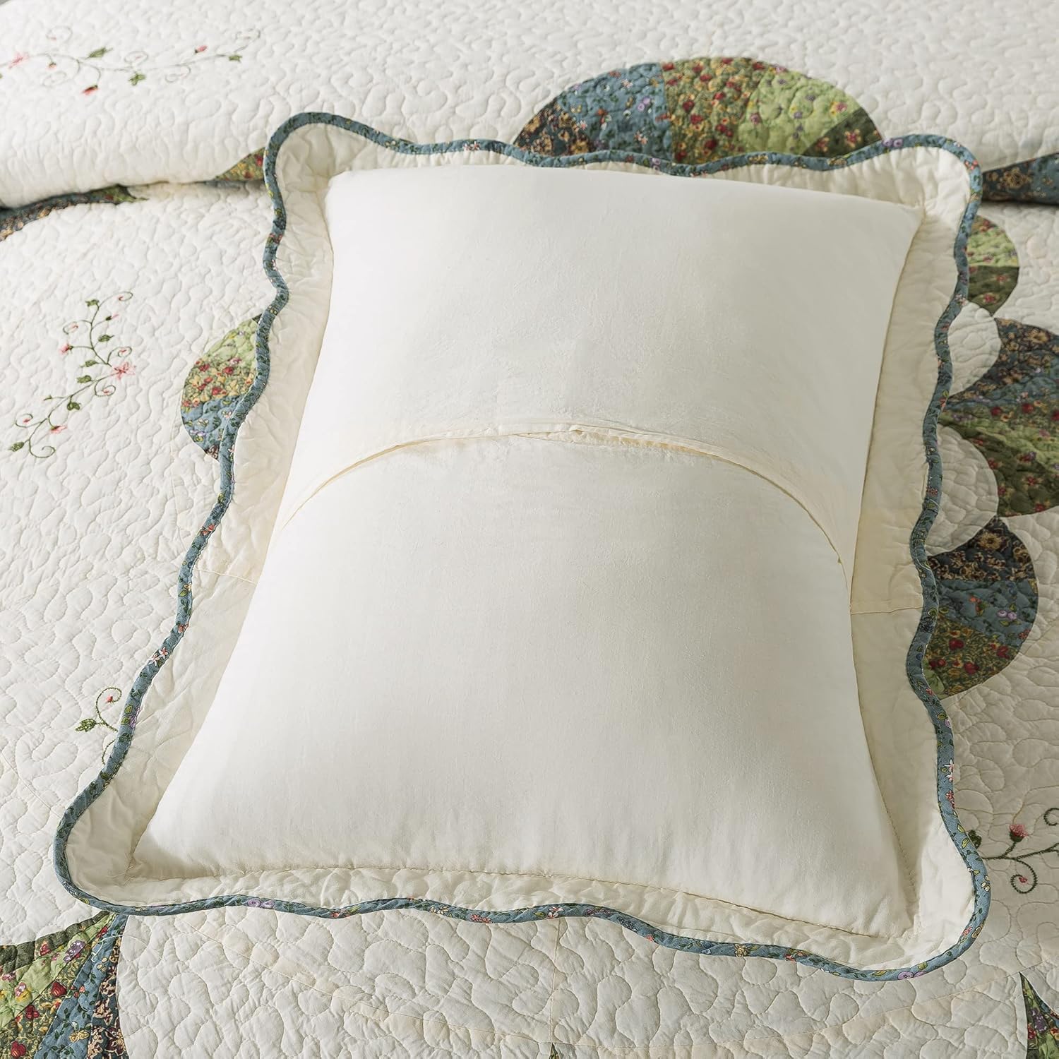 Set of 2 Hand Stitch Finished Cotton Pillow Shams - Luxuries Floral Pattern - Shabby Chic Country Cabin Bedding for All Seasons Ivory and Green for All Seasons for Home Bedroom, Guestroom, RV, Camper, Cabin, and College Dorms