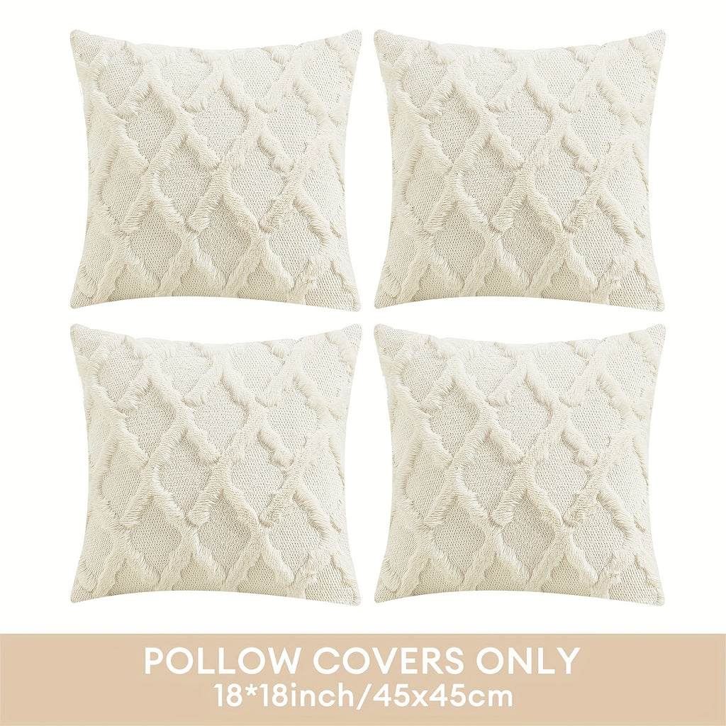 4-Pack Bohemian Style Throw Pillow Covers, 18x18 Inch, Shaggy Plush Faux Wool, 3D Embroidery Geometric Pattern, Suede Decorative Cushion Covers with Zipper, Machine Washable, Polyester, for Multiple Room Couch Sofa Living Room Decor