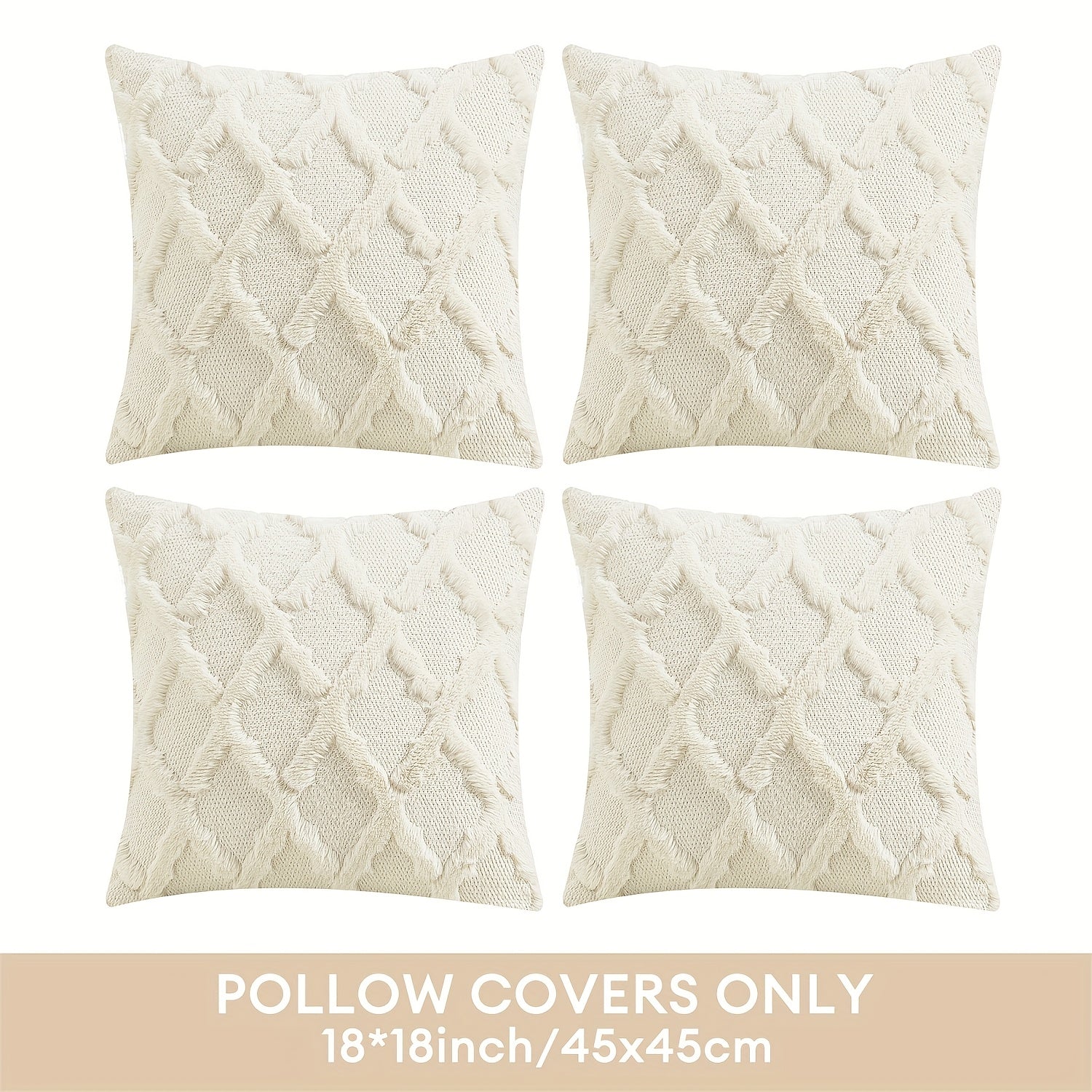 4-Pack Bohemian Style Throw Pillow Covers, 18x18 Inch, Shaggy Plush Faux Wool, 3D Embroidery Geometric Pattern, Suede Decorative Cushion Covers with Zipper, Machine Washable, Polyester, for Multiple Room Couch Sofa Living Room Decor