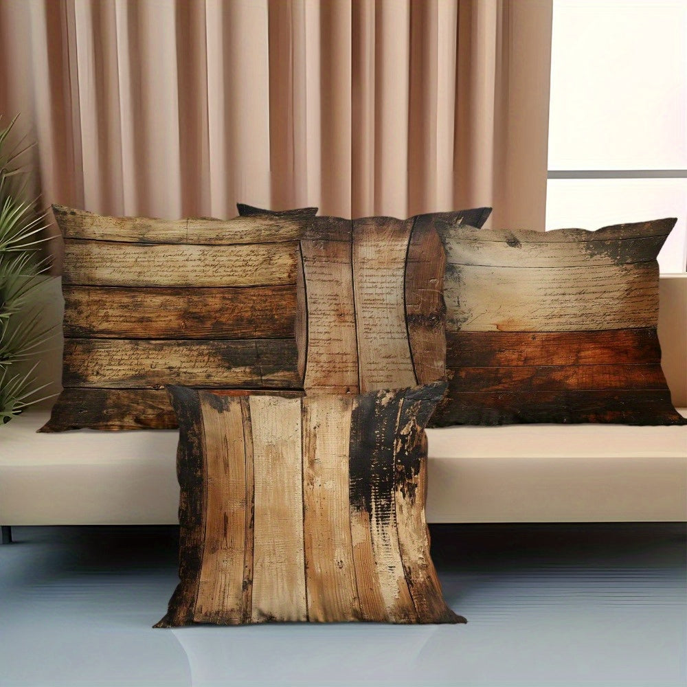 4-Pack Coastal Style Wood Grain Pillow Covers - Double-Sided Rustic Decorative Pillowcases with Zipper Closure, Durable All-Season Machine Washable for Indoor Outdoor Christmas Thanksgiving Bed Sofa Car Decor, Pillow Covers for Living Room, Festive Home