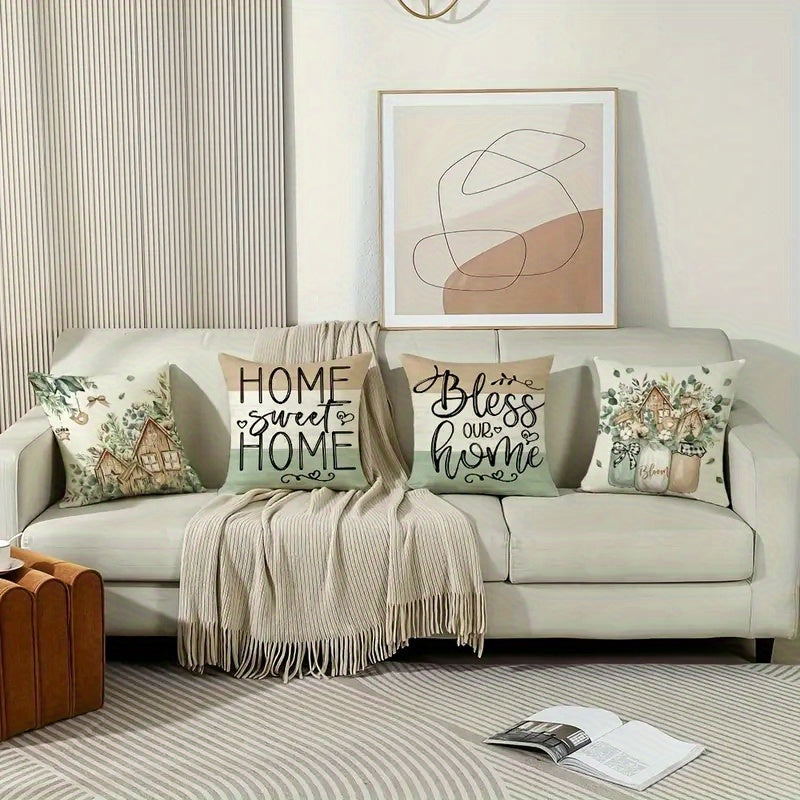 4pcs Double-Sided Printed Rustic Farmhouse Pillow Covers - Soft Plush with Zipper Closure, Machine Washable, Multiple Sizes for Living Room, Bedroom, Sofa - Home Sweet Home & Bless Our Home Decor, Pillow Covers for Living Room, Bedroom Accents, Vintage