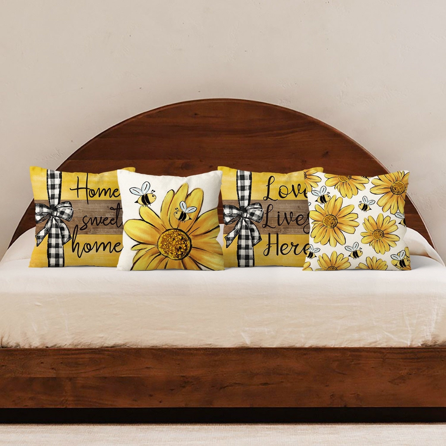 4pcs Vintage Floral & Bee Print Pillow Covers - Double-Sided Sunflower & Bee Design with "Home Sweet Home" Text, Soft Plush Zipper Closure Cushion Cases, Machine Washable for Living Room, Bedroom, Sofa (Multiple Sizes), Decorative Pillow Covers, Bedroom