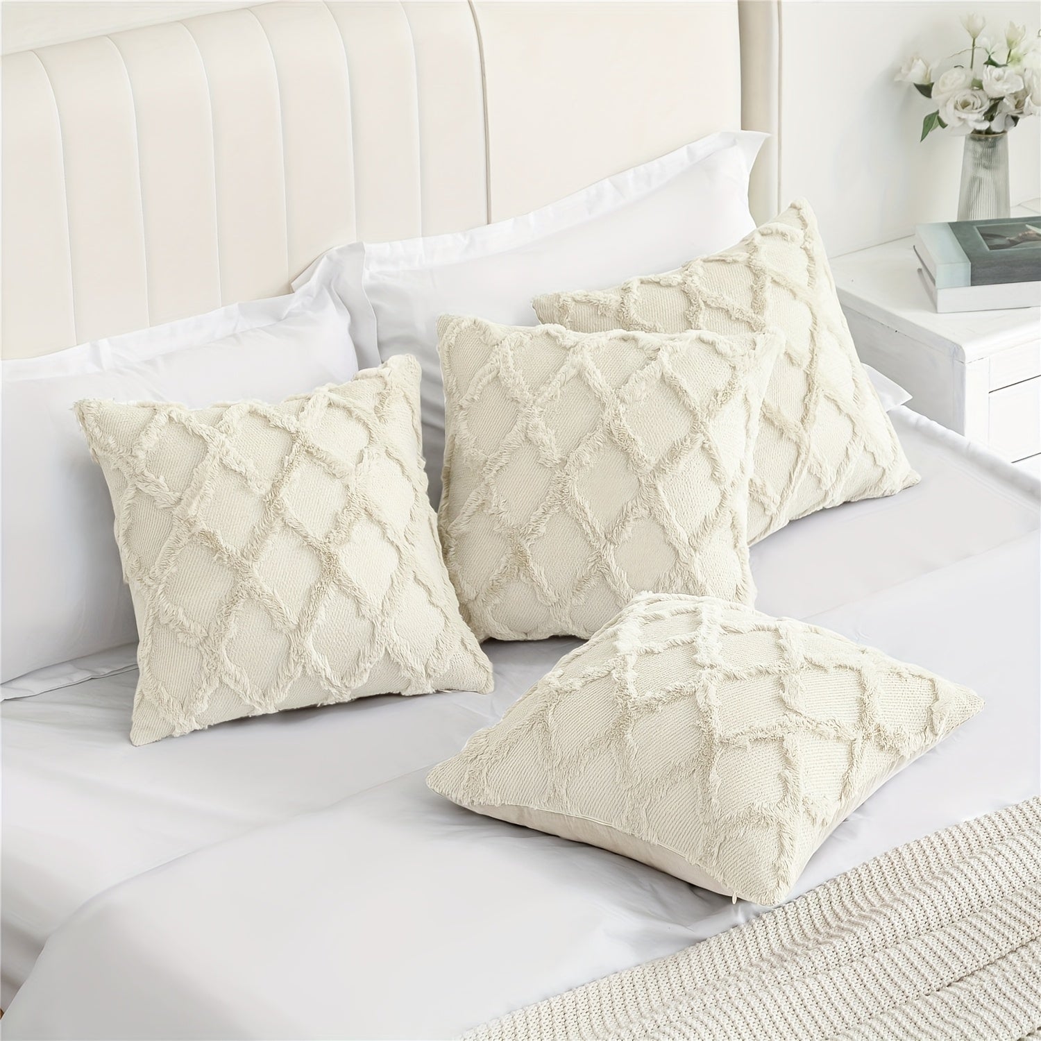 4-Pack Bohemian Style Throw Pillow Covers, 18x18 Inch, Shaggy Plush Faux Wool, 3D Embroidery Geometric Pattern, Suede Decorative Cushion Covers with Zipper, Machine Washable, Polyester, for Multiple Room Couch Sofa Living Room Decor