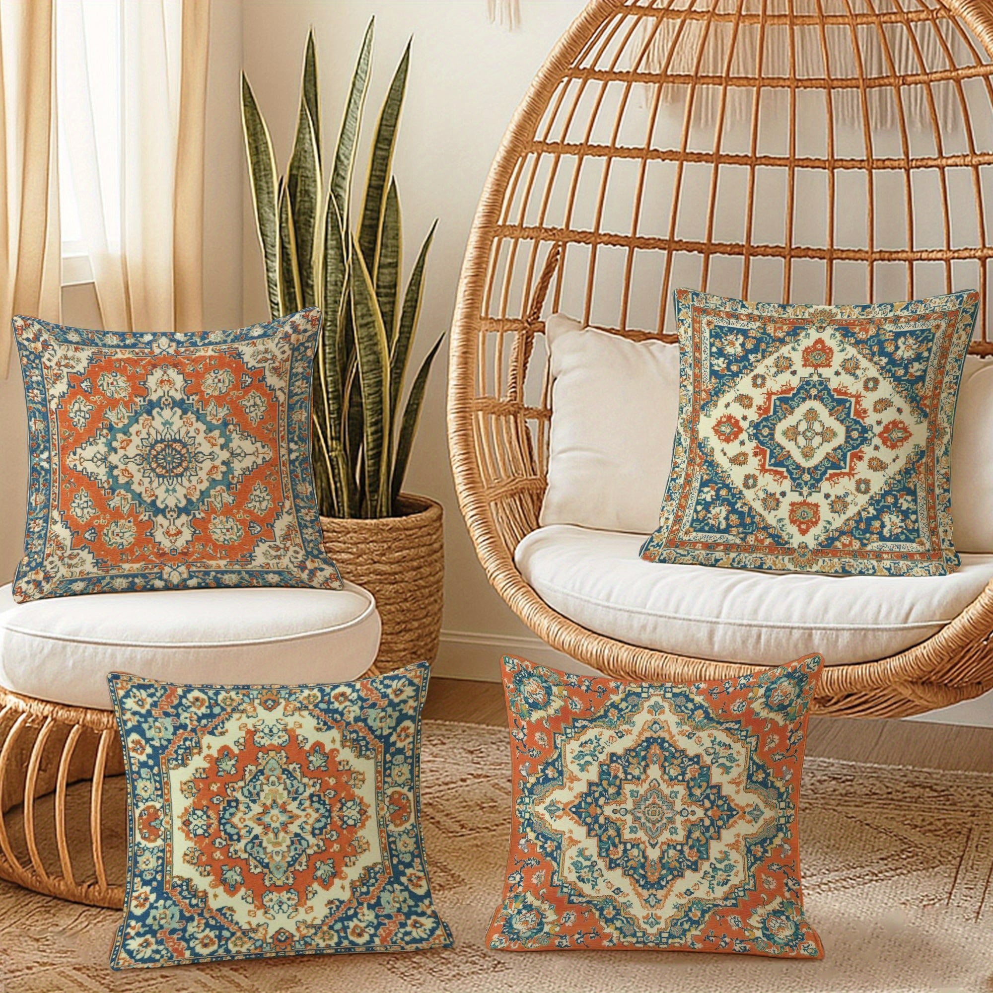 4pcs Polyester Throw Pillow Cover - Retro Ethnic Geometric Pattern Blue Red Orange Soft Decorative Cushion Cover with Zipper Closure for Living Room Bedroom Sofa Decoration Ethnic Style Design - Double-Sided Printing Polyester Without Pillow Core