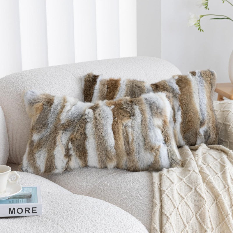Genuine Rabbit Fur Throw Pillow Covers Set of 2 Luxury Decorative Pillowcases Soft Fluffy Animal Skin Accents Bolster Cushion Cover for Couch Sofa Bedroom Living Room Home 12x20inch Yellow White