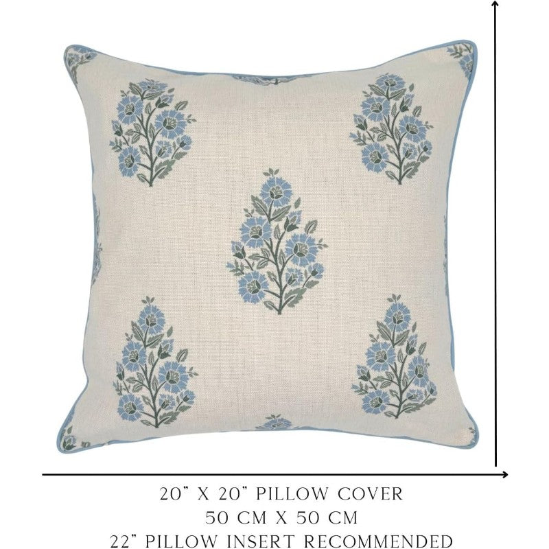 The Camille Floral Block Print Pillow Cover Soft Blue and Off White Decorative Throw Pillow Cover Grandmillennial Home Decor 20 x 20