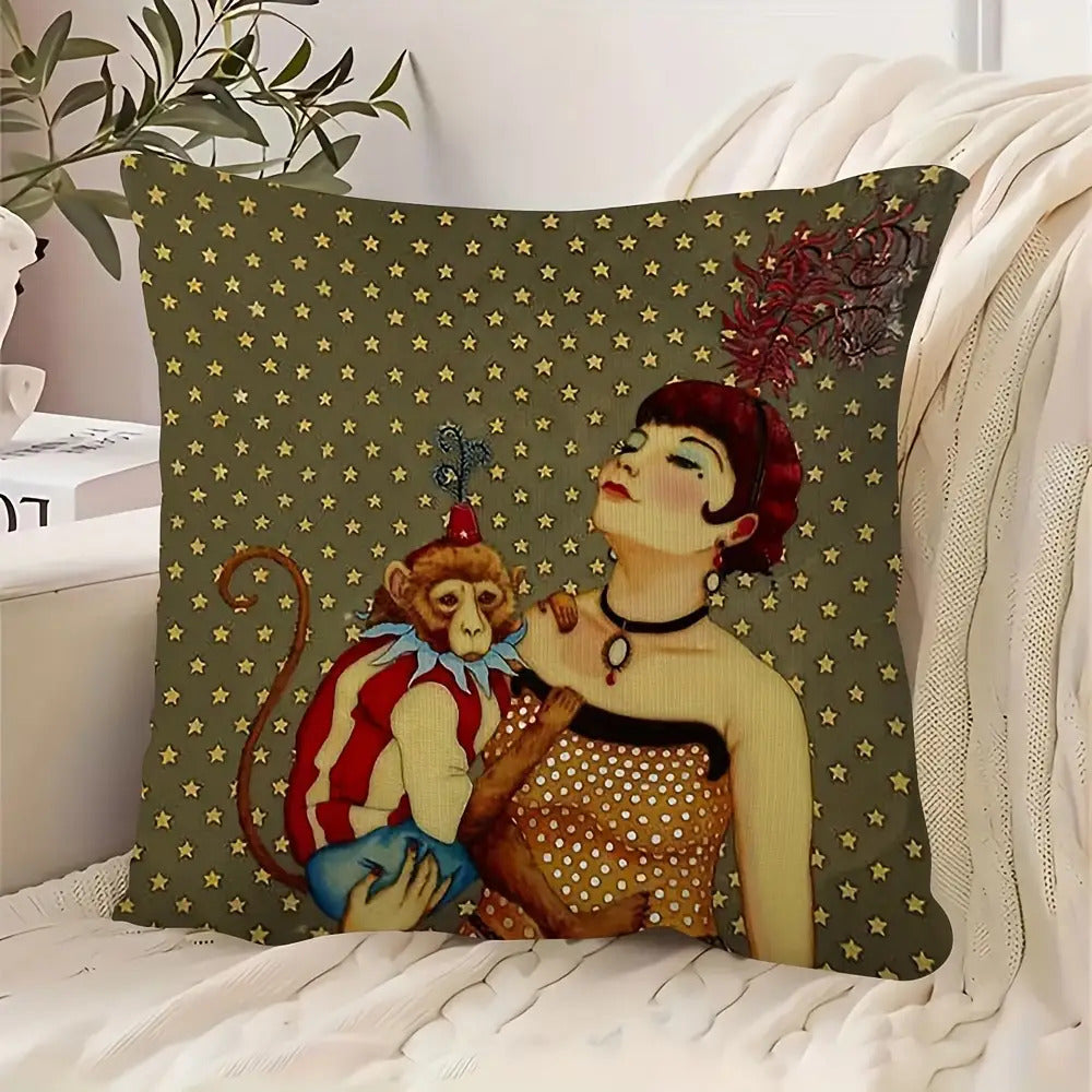 1pc Retro Style Abstract Animal Print Plush Pillowcase, Double-Sided Design, Hand Wash Only, Zipper Closure, Polyester Fiber, Bedroom, Sofa, Living Room, Car Decorative Cushion Cover- 18x18 Inches(No Insert), Decorative Pillow, Elegant Woman & Monkey