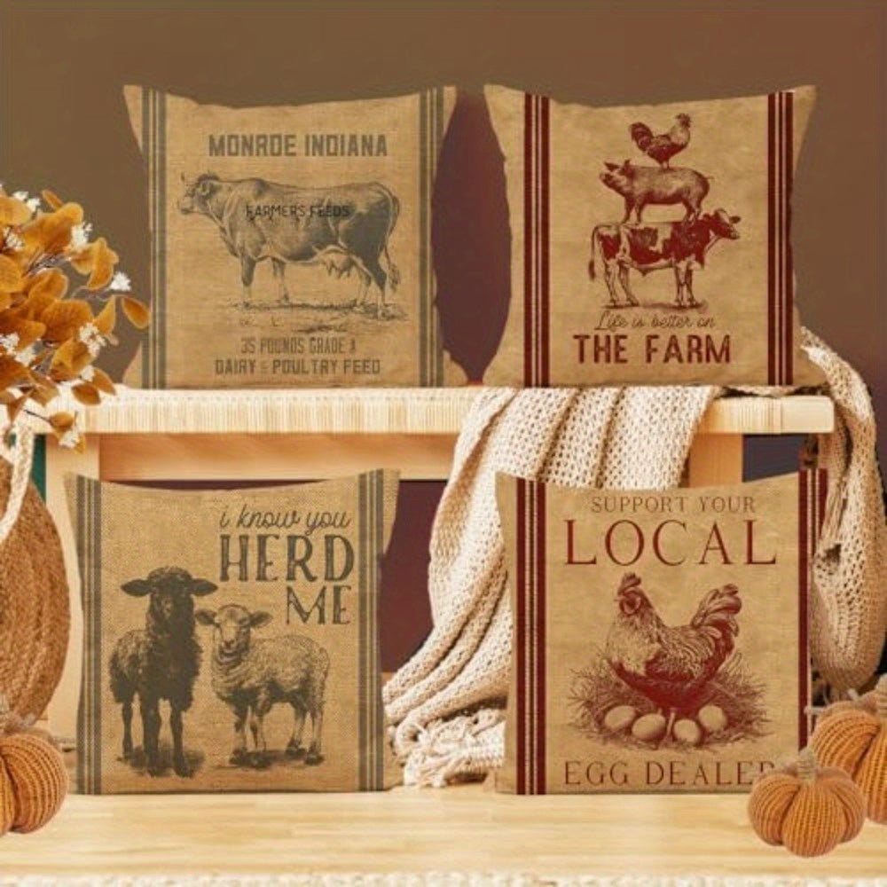4 packs of old-fashioned farm animal pillowcase design printed pattern zipper pillowcase-double-sided polyester printed pattern zipper closed home decoration living room, bedroom and sofa home decoration (not included in the pillow)