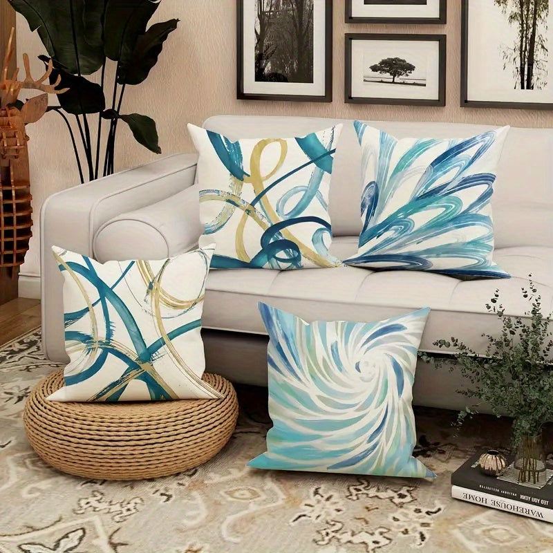 4pcs Abstract Art Pillow Covers - Double-Sided Printed Soft Plush Decorative Pillowcases with Geometric Patterns, Blue & Golden Retro Design, Zipper Closure, Machine Washable, Multiple Sizes for Living Room, Bedroom, Sofa, Decorative Pillow Covers,