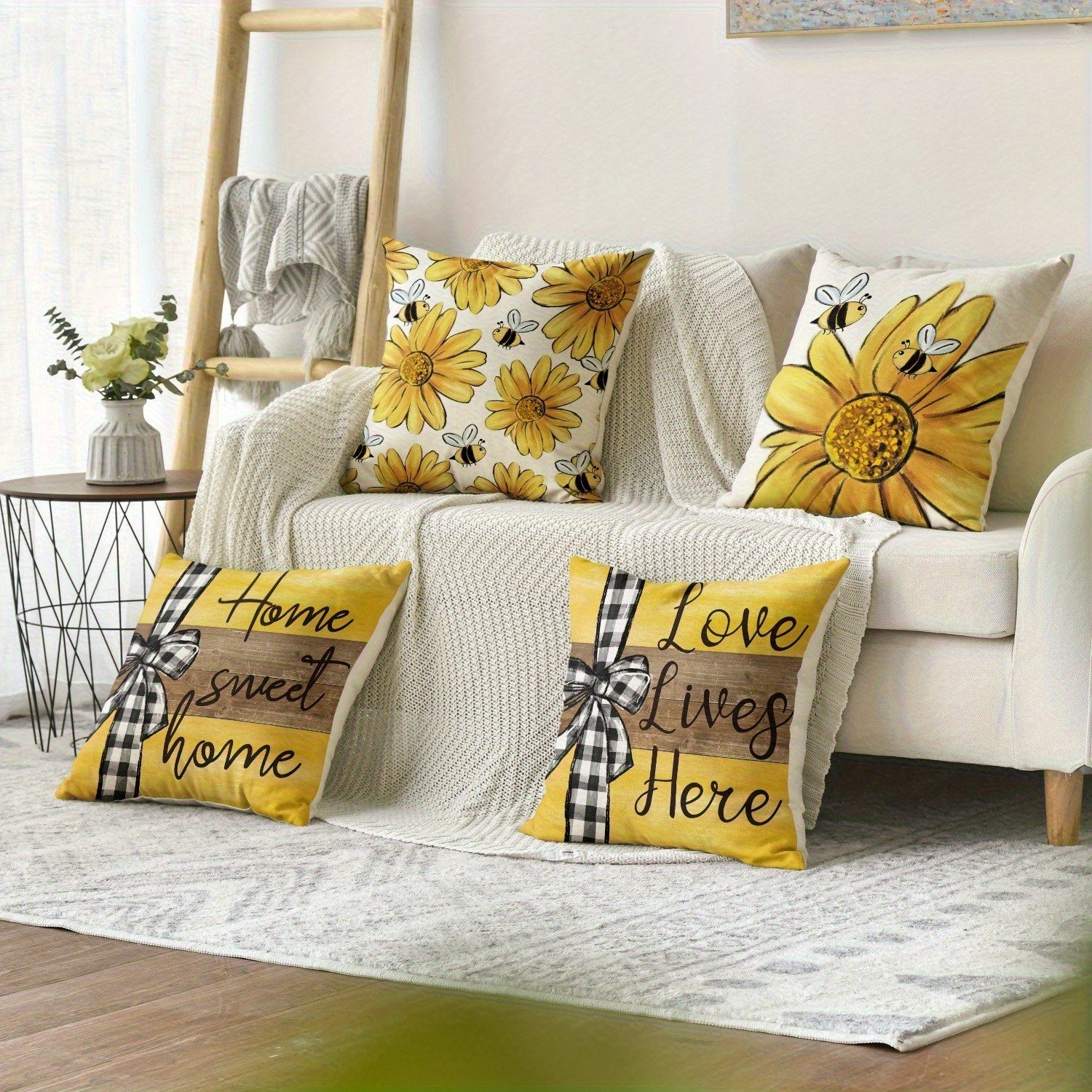 4pcs Vintage Floral & Bee Print Pillow Covers - Double-Sided Sunflower & Bee Design with "Home Sweet Home" Text, Soft Plush Zipper Closure Cushion Cases, Machine Washable for Living Room, Bedroom, Sofa (Multiple Sizes), Decorative Pillow Covers, Bedroom