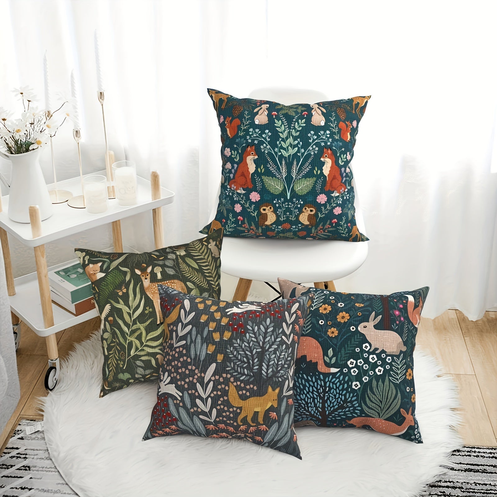 4 Pack Bohemian Vintage Forest Animal Throw Pillow Covers - Double-Sided Printed Polyester Decorative Pillowcases with Zipper Closure, Machine Washable for Outdoor Patio, Wicker Chair, Sofa & Home Office Decor, Outdoor Pillow Covers, Patio Furniture