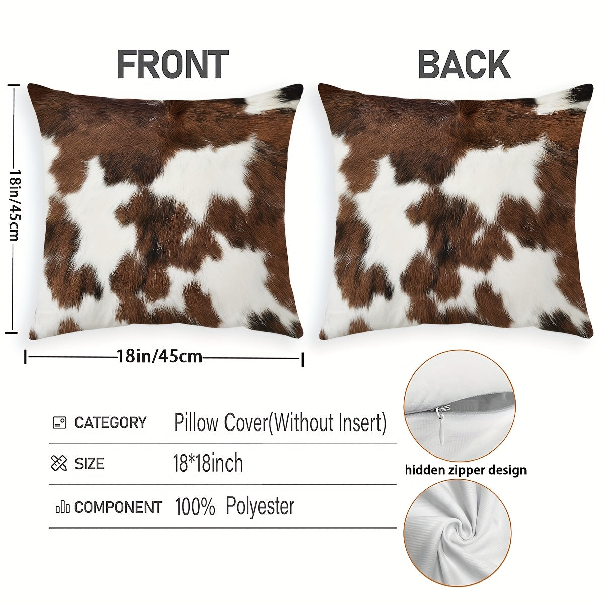 Set Of 4, Vintage Short Plush Double-sided Printed Animal Fur Throw Pillow Covers, Brown Faux Cowhide Printed Decor Cushion Covers, Farmhouse Style Pillowcases, 18x18 Inch, For Porch, Patio, Sofa, Living Room, Bedroom, Outdoor, Without Pillow Inserts