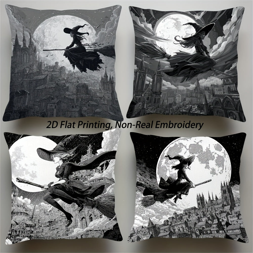 2D Flat Printing, 4pcs Witch And Castle Throw Pillow Covers - Autumn Decorative Accent Cushion Covers for Office, Car, Non-Real Embroidery - Double-Sided Luxurious Sofa Bed Living Room Bedroom Decoration, Without Pillow Inserts YH-LCX67965-67968, for
