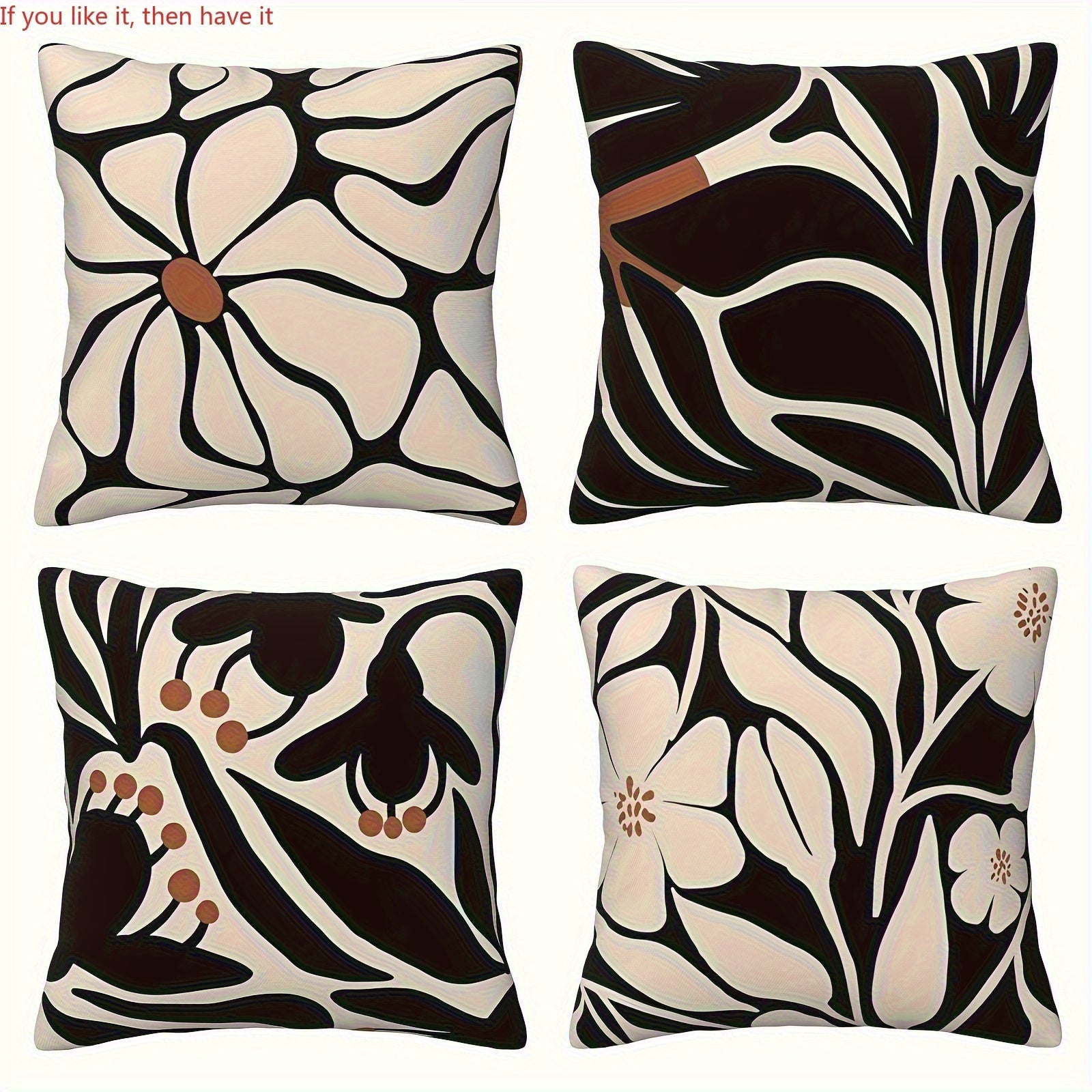 4pcs Bohemian Style Black Floral Pattern Pillowcases - Polyester Blend, Zipper, Machine Washable - Suitable for Sofa, Bed, Car Decoration - Modern Cottage Style Halloween, Thanksgiving, Mother'S Day, Father'S Day, Independence Day, Holiday Essentials