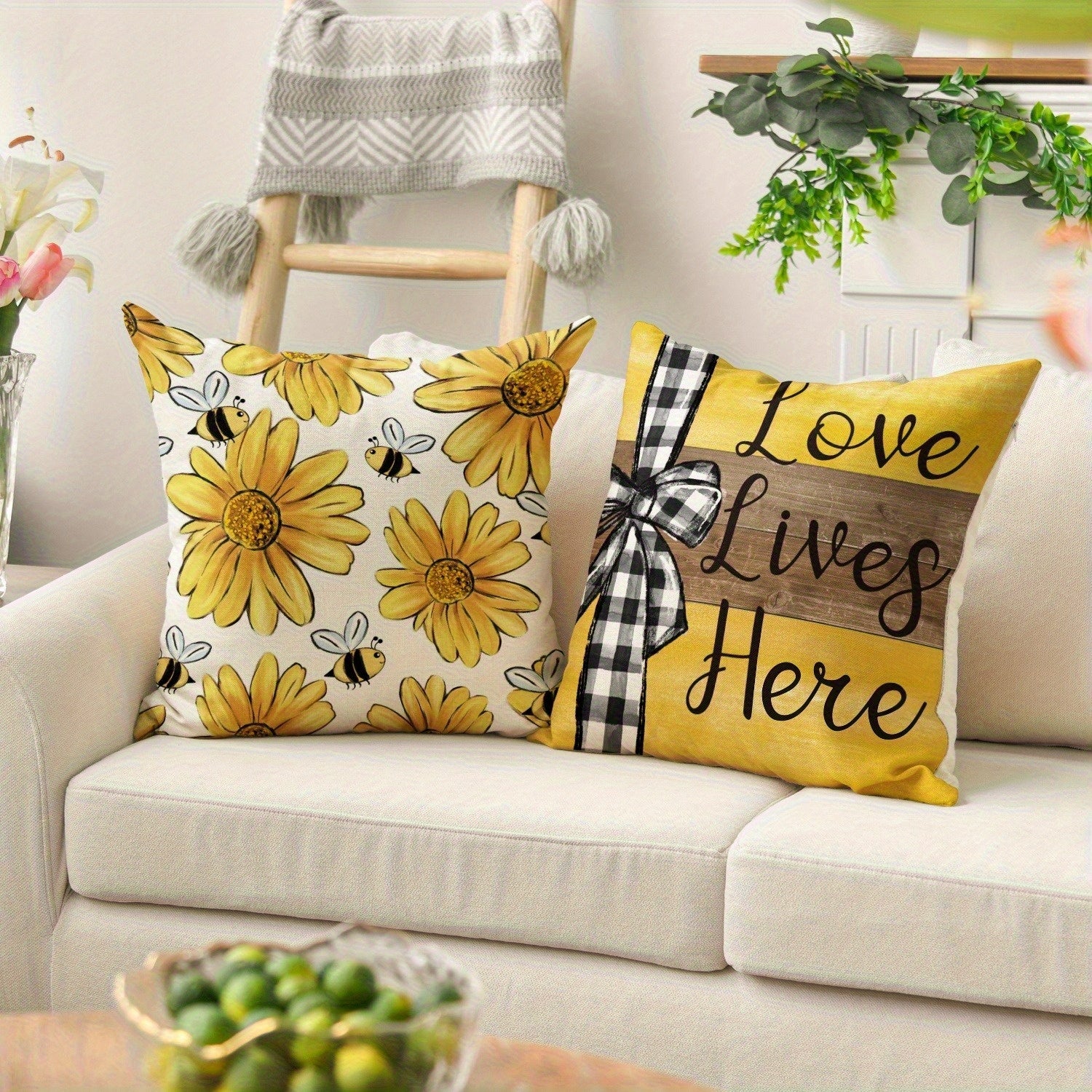4pcs Vintage Floral & Bee Print Pillow Covers - Double-Sided Sunflower & Bee Design with "Home Sweet Home" Text, Soft Plush Zipper Closure Cushion Cases, Machine Washable for Living Room, Bedroom, Sofa (Multiple Sizes), Decorative Pillow Covers, Bedroom