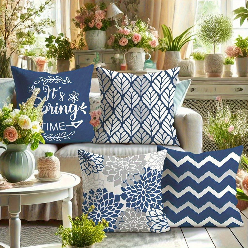 4pcs Double-Sided Printed Geometric Throw Pillow Covers - Soft Plush Retro Spring Decor with Zipper Closure, Machine Washable, Multiple Sizes for Living Room, Bedroom, Sofa, Seasonal Decoration, Chevron Print, Durable Fabric, Home Textiles, Home