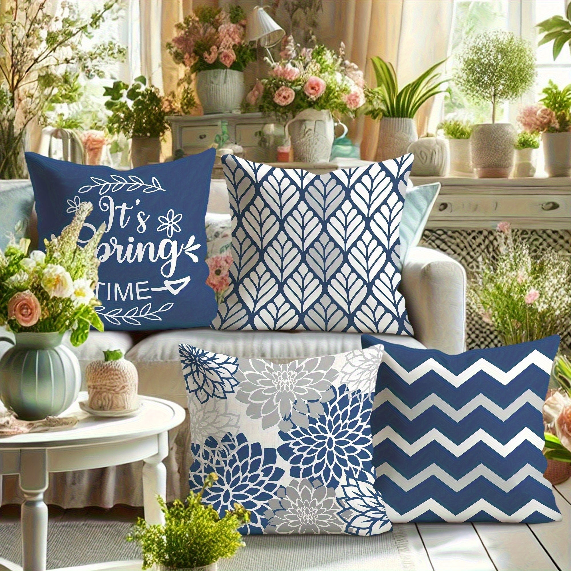4pcs Double-Sided Printed Geometric Throw Pillow Covers - Soft Plush Retro Spring Decor with Zipper Closure, Machine Washable, Multiple Sizes for Living Room, Bedroom, Sofa, Seasonal Decoration, Chevron Print, Durable Fabric, Home Textiles, Home