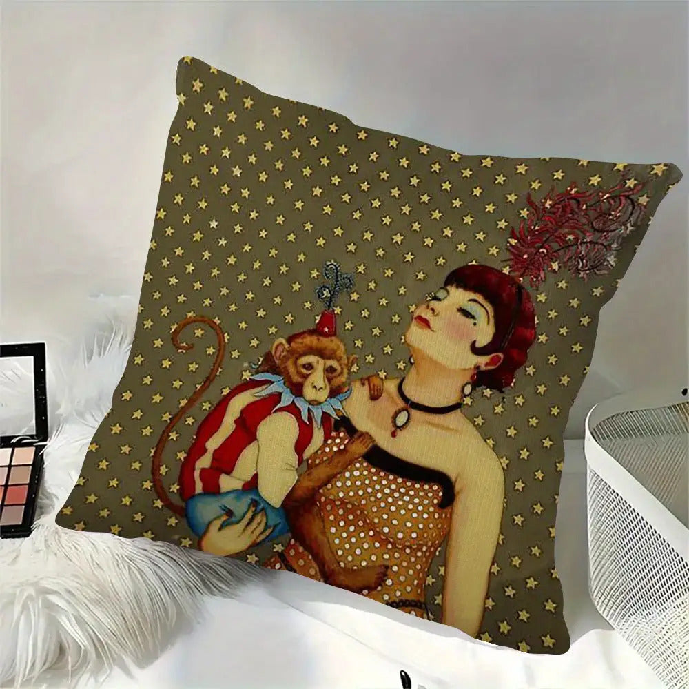 1pc Retro Style Abstract Animal Print Plush Pillowcase, Double-Sided Design, Hand Wash Only, Zipper Closure, Polyester Fiber, Bedroom, Sofa, Living Room, Car Decorative Cushion Cover- 18x18 Inches(No Insert), Decorative Pillow, Elegant Woman & Monkey