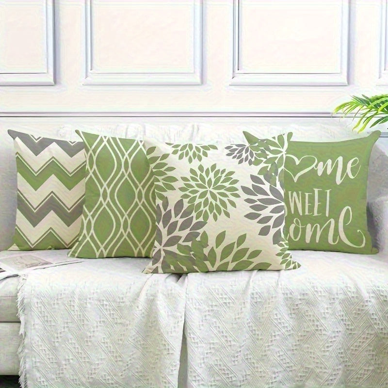 4pcs Retro Geometric & Floral Pillow Covers - Green & White Double-Sided Print, Soft Short Plush with Zipper Closure, Machine Washable, Multiple Sizes for Living Room, Bedroom, Sofa Decor, Bedroom Styling, Vintage Aesthetic, Durable Fabric, Accent