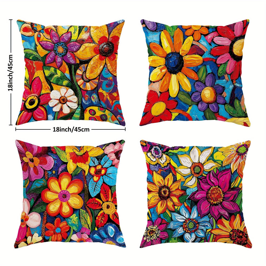 4pcs Double-Sided Printed Retro Floral Pillow Covers - Soft Short Plush with Zipper Closure, Machine Washable, Multiple Sizes for Living Room, Bedroom, Sofa Decor, Pillows for Couch, Cozy Home Styling, Vibrant Prints, Durable Fabric, Decorative Pillows,