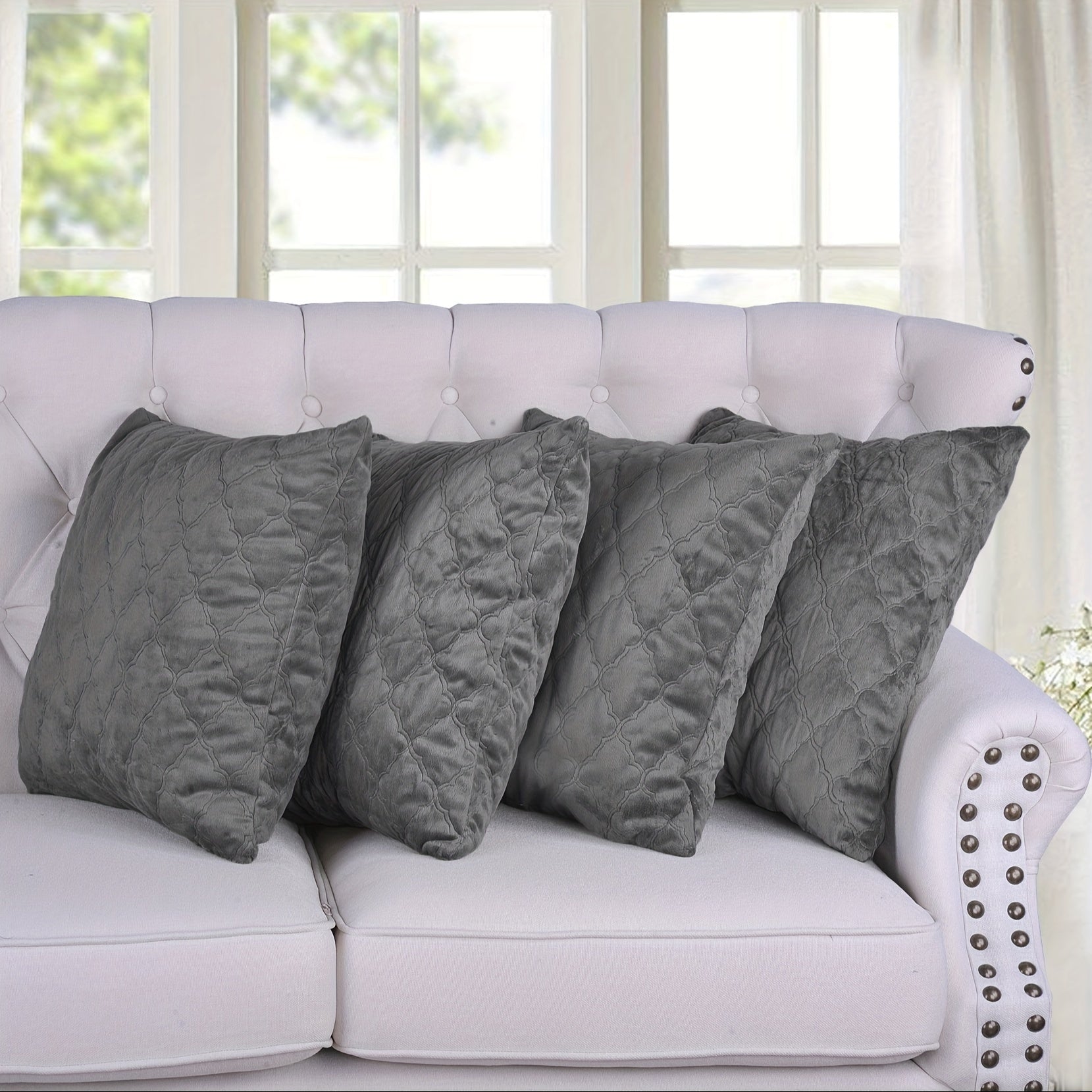 4pcs Quilted Micromink Plush Fuzzy Soft Decorative Pillow Covers Set with Double Sided (NO INSERT), Stylish Cushion Cover for Sofa Couch Chair Living Room Bedroom Decor
