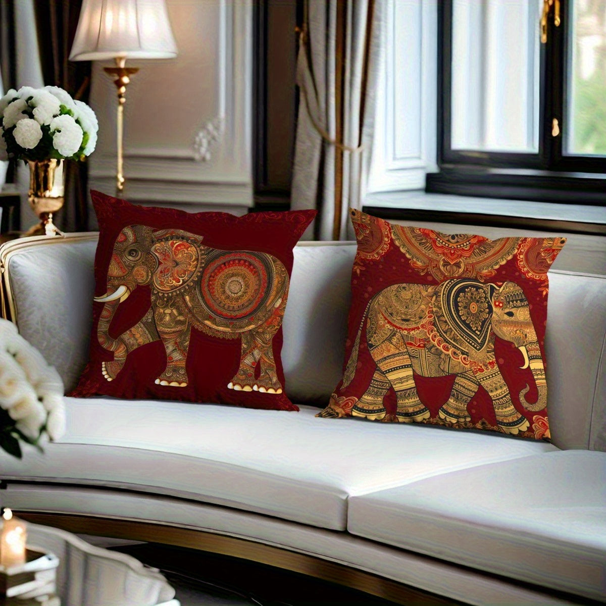 4pcs Indian Floral Elephant Pattern Pillowcase Soft Fashion Decorative Outdoor Living Room Sofa Cushion Cover Suitable for Bedroom Home Party Decoration Without Filling Machine Washable 14x14 16x16 18x18 20x20inch