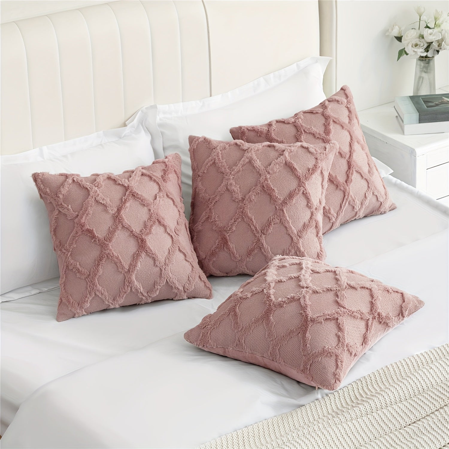 4-Pack Bohemian Style Throw Pillow Covers, 18x18 Inch, Shaggy Plush Faux Wool, 3D Embroidery Geometric Pattern, Suede Decorative Cushion Covers with Zipper, Machine Washable, Polyester, for Multiple Room Couch Sofa Living Room Decor