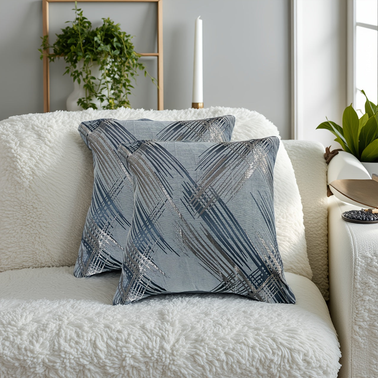Set Of 2 Line Pattern Chenille Yarn Double Sided Throw Pillowcase Soft And Comfortable Square Throw Pillow Cover Cushion Cover Holiday Gifts Decorative For Sofa Bed 18"x 18" Weight 0.95 Pounds