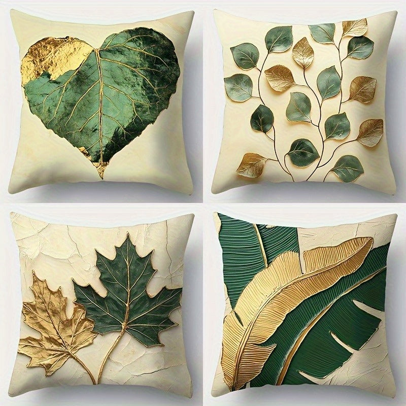 4pcs Vintage Botanical Leaf Print Pillow Covers - Double-Sided 2D Flat Printed Soft Plush Decorative Pillowcases with Zipper Closure, Multiple Sizes for Living Room, Bedroom, Sofa - Machine Washable Home Decor, Pillow Covers for Living Room, Bedroom
