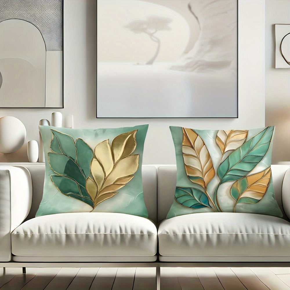 4pcs Modern Sage Green & Golden Leaf Print Pillow Covers - Double-Sided Polyester Zipper Closure Decorative Pillowcases for Living Room, Bedroom, Sofa - Machine Washable Contemporary Home Decor, Pillow Covers for Living Room, Bedroom Accents, Stylish