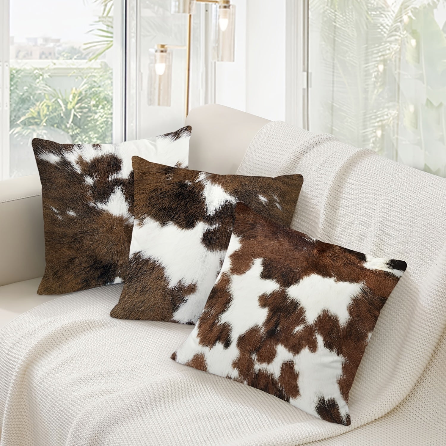 Set Of 4, Vintage Short Plush Double-sided Printed Animal Fur Throw Pillow Covers, Brown Faux Cowhide Printed Decor Cushion Covers, Farmhouse Style Pillowcases, 18x18 Inch, For Porch, Patio, Sofa, Living Room, Bedroom, Outdoor, Without Pillow Inserts