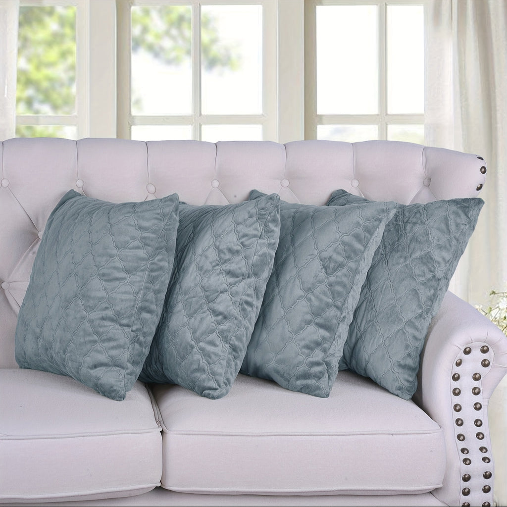 4pcs Quilted Micromink Plush Fuzzy Soft Decorative Pillow Covers Set with Double Sided (NO INSERT), Stylish Cushion Cover for Sofa Couch Chair Living Room Bedroom Decor