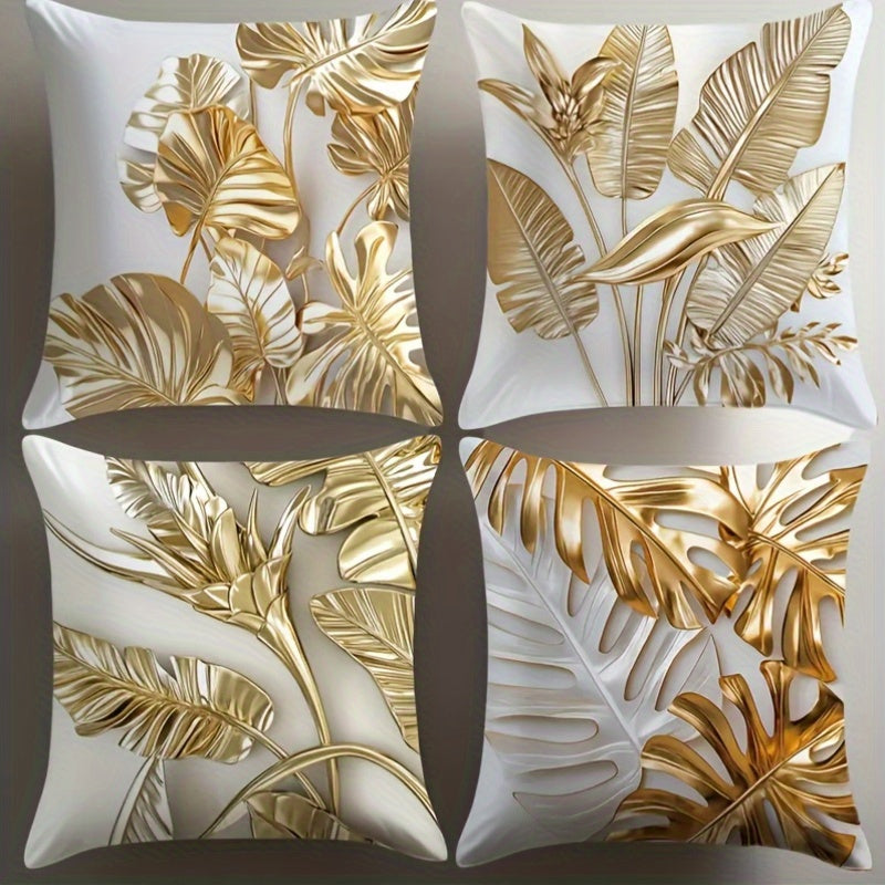 [4 Golden Floral Pillowcases] Set of 4, 2D Golden Floral Design, Unique Handmade Pillowcases | Double-Sided Printing, No Filling | Perfect for Living Room Sofa, Bed, Bedroom, or Car Cushions