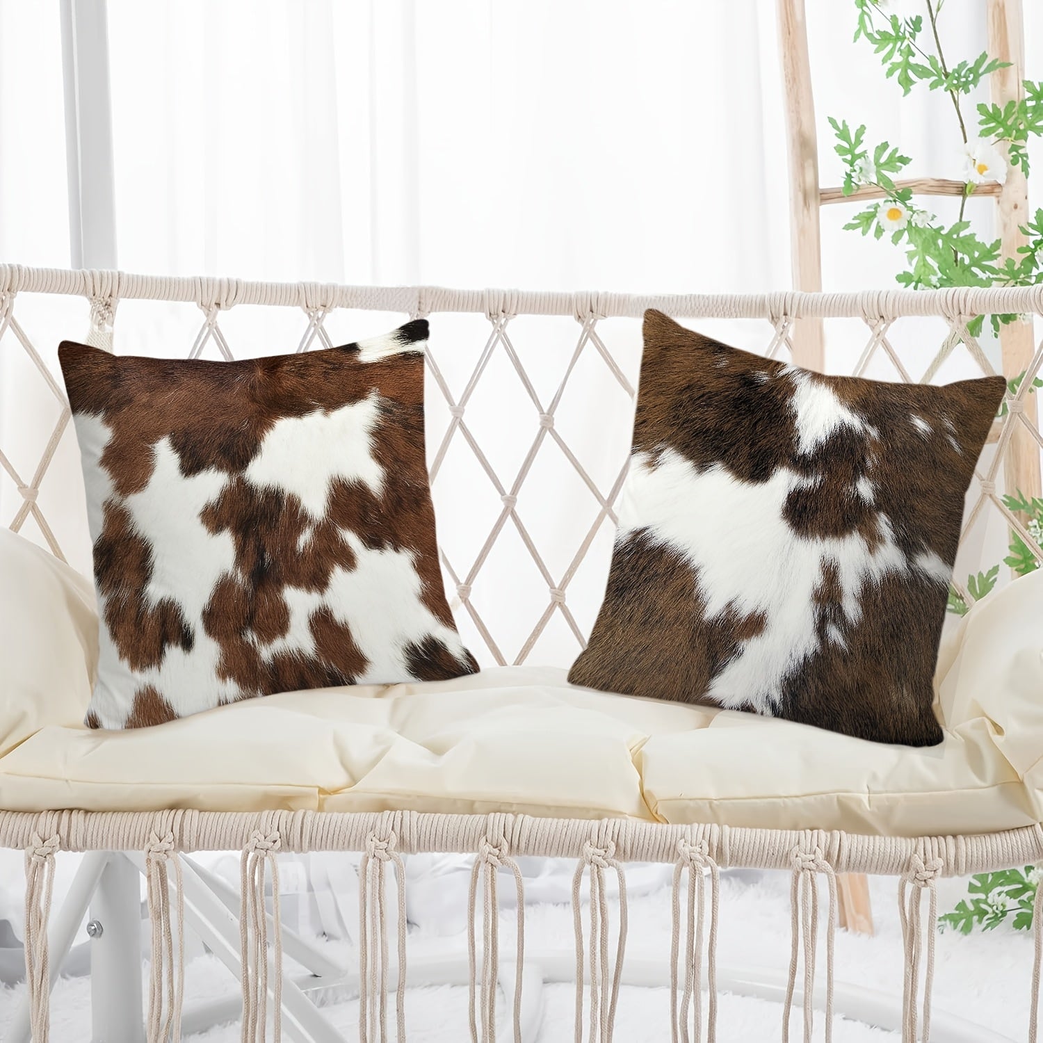 Set Of 4, Vintage Short Plush Double-sided Printed Animal Fur Throw Pillow Covers, Brown Faux Cowhide Printed Decor Cushion Covers, Farmhouse Style Pillowcases, 18x18 Inch, For Porch, Patio, Sofa, Living Room, Bedroom, Outdoor, Without Pillow Inserts