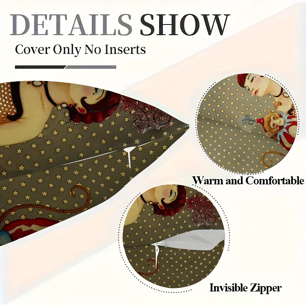 1pc Retro Style Abstract Animal Print Plush Pillowcase, Double-Sided Design, Hand Wash Only, Zipper Closure, Polyester Fiber, Bedroom, Sofa, Living Room, Car Decorative Cushion Cover- 18x18 Inches(No Insert), Decorative Pillow, Elegant Woman & Monkey