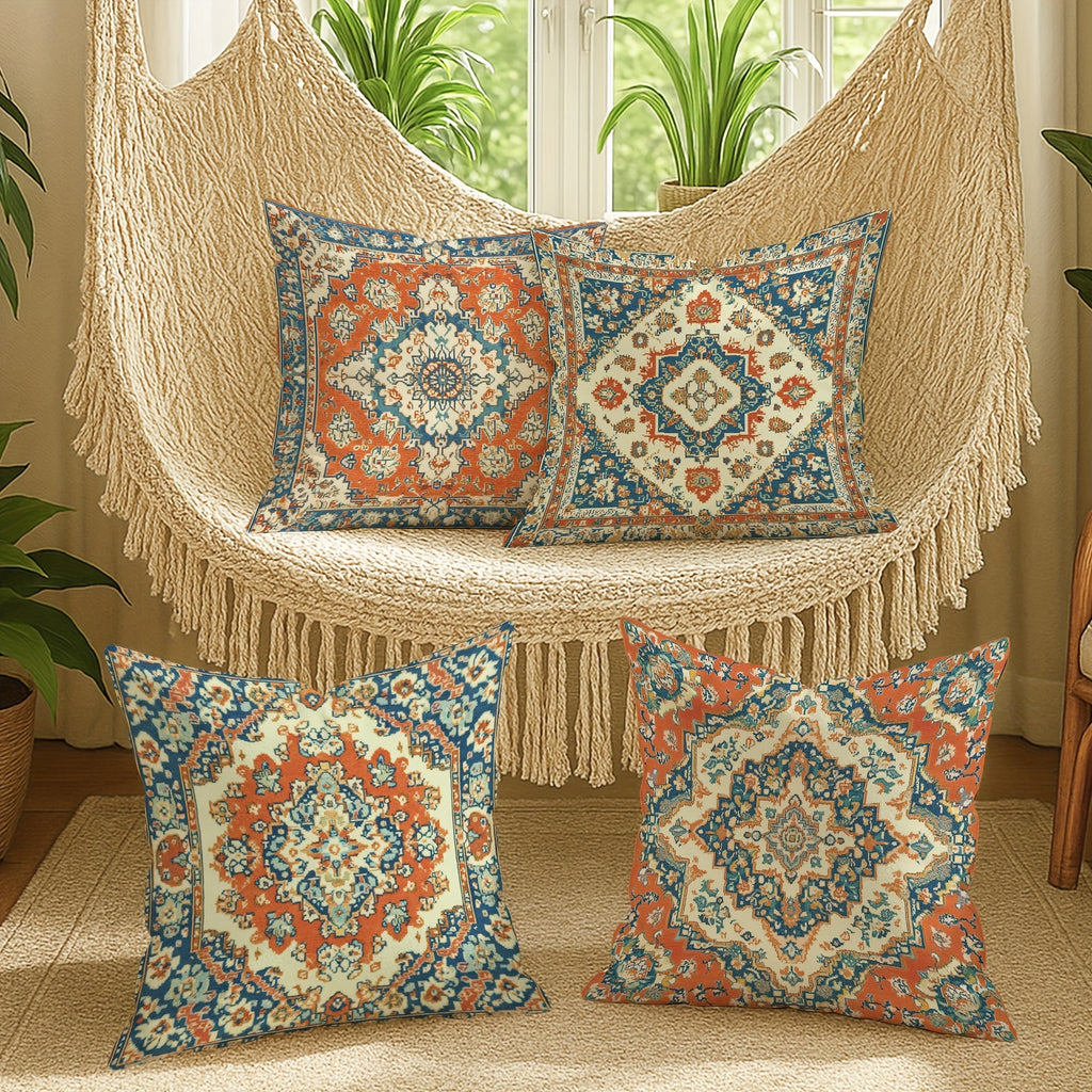 4pcs Polyester Throw Pillow Cover - Retro Ethnic Geometric Pattern Blue Red Orange Soft Decorative Cushion Cover with Zipper Closure for Living Room Bedroom Sofa Decoration Ethnic Style Design - Double-Sided Printing Polyester Without Pillow Core