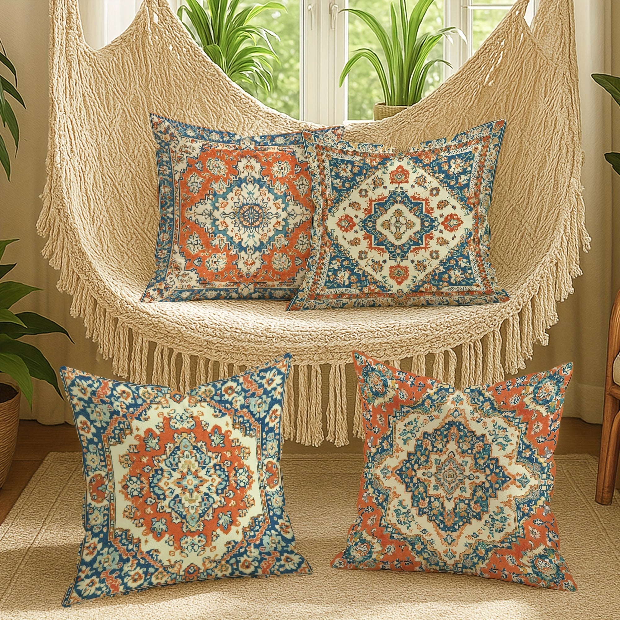 4pcs Polyester Throw Pillow Cover - Retro Ethnic Geometric Pattern Blue Red Orange Soft Decorative Cushion Cover with Zipper Closure for Living Room Bedroom Sofa Decoration Ethnic Style Design - Double-Sided Printing Polyester Without Pillow Core