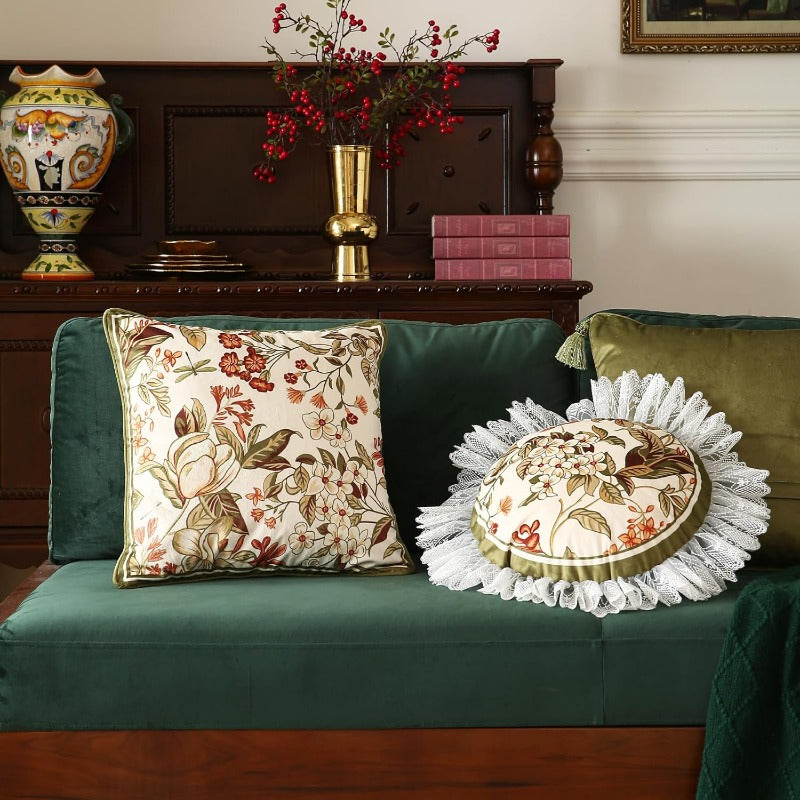 Design Round Vintage Cottage Throw Pillow Covers Diameter 16" Set of 2 Green Soft Velvet Cushion Cover with White Wild Floral Pattern Decor Pillowcases for Bed Living Room Outdoor Car