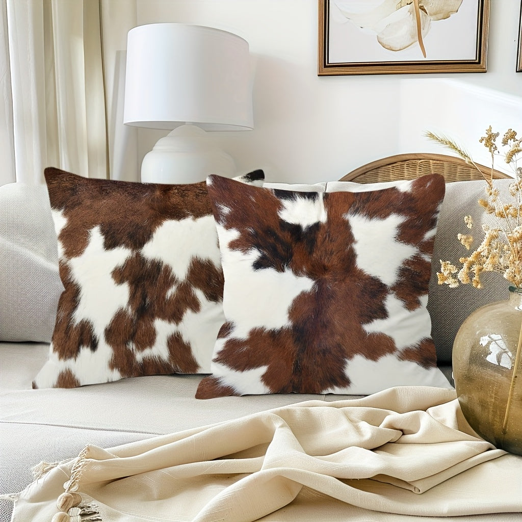 Set Of 4, Vintage Short Plush Double-sided Printed Animal Fur Throw Pillow Covers, Brown Faux Cowhide Printed Decor Cushion Covers, Farmhouse Style Pillowcases, 18x18 Inch, For Porch, Patio, Sofa, Living Room, Bedroom, Outdoor, Without Pillow Inserts