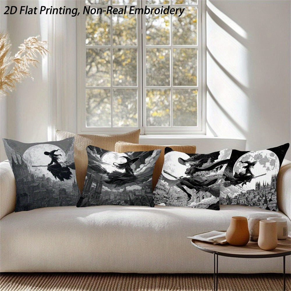 2D Flat Printing, 4pcs Witch And Castle Throw Pillow Covers - Autumn Decorative Accent Cushion Covers for Office, Car, Non-Real Embroidery - Double-Sided Luxurious Sofa Bed Living Room Bedroom Decoration, Without Pillow Inserts YH-LCX67965-67968, for