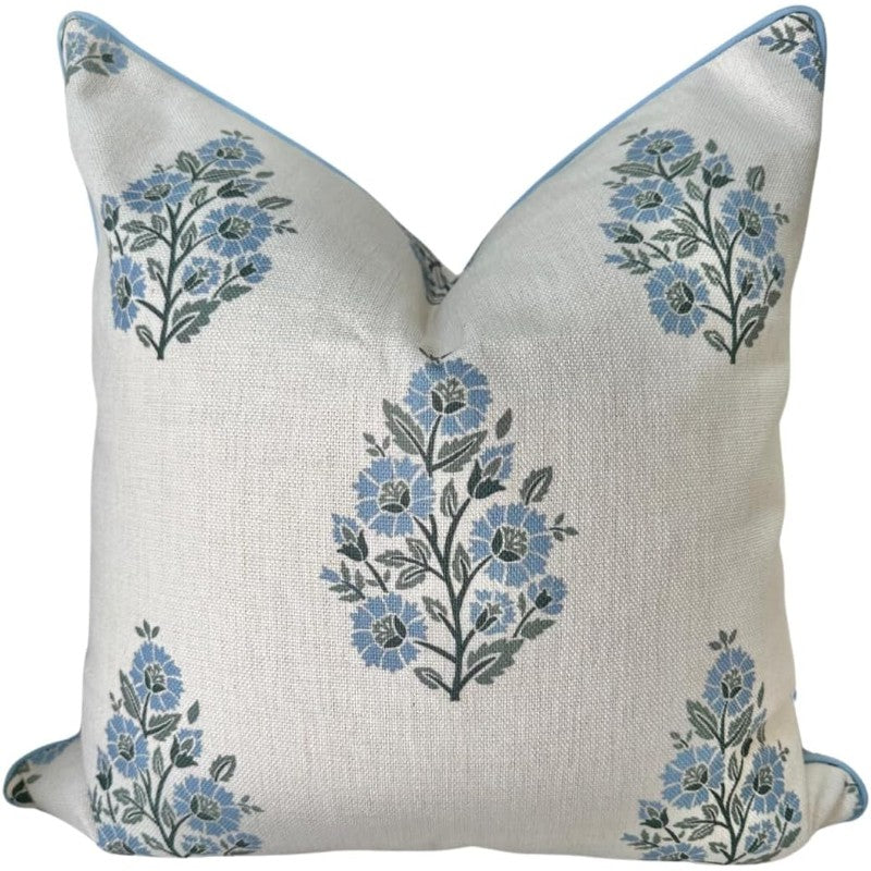 The Camille Floral Block Print Pillow Cover Soft Blue and Off White Decorative Throw Pillow Cover Grandmillennial Home Decor 20 x 20