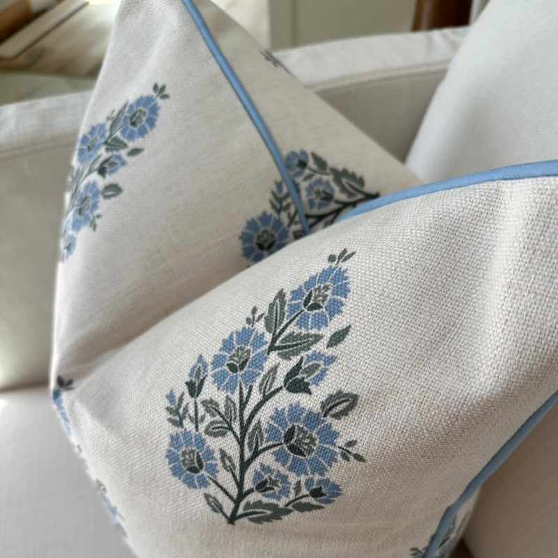 The Camille Floral Block Print Pillow Cover Soft Blue and Off White Decorative Throw Pillow Cover Grandmillennial Home Decor 20 x 20